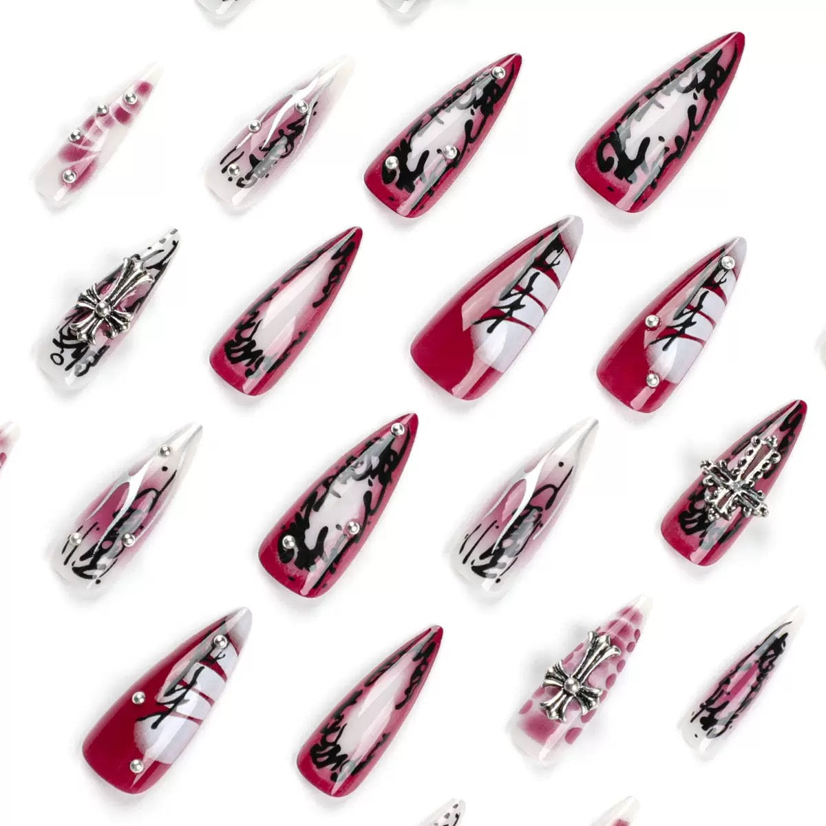 Lulou Cursed Crosses Long Stiletto Press on Nails Red Black Ombré 24PCS REUSABLE Acrylic Fake Nails Hand Painted 3D Cross Charm Halloween Trend 2025