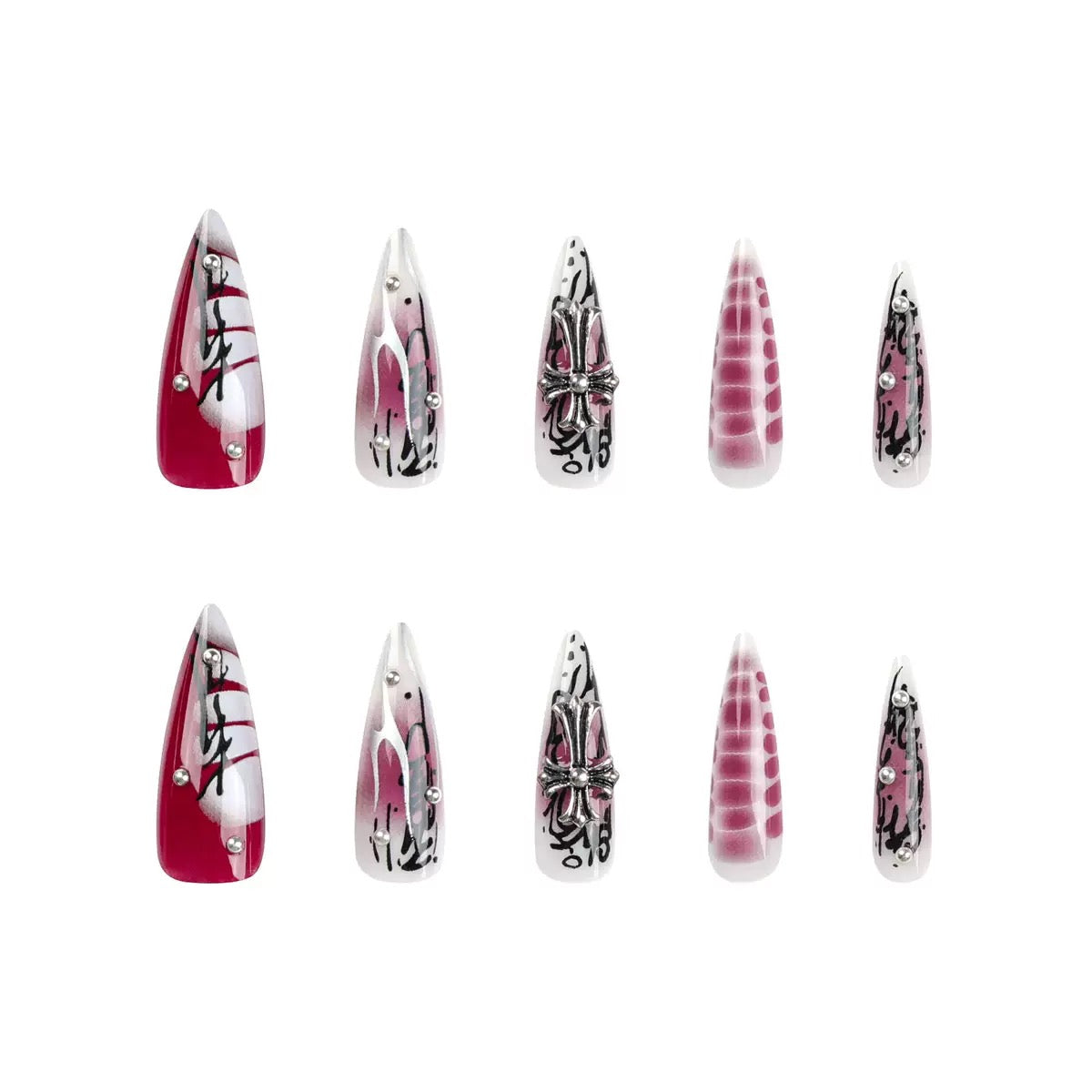 Lulou Cursed Crosses Long Stiletto Press on Nails Red Black Ombré 24PCS REUSABLE Acrylic Fake Nails Hand Painted 3D Cross Charm Halloween Trend 2025