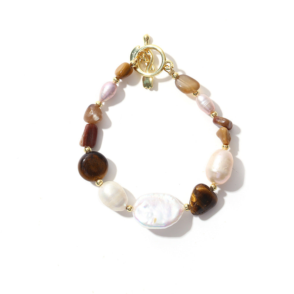 Lulou Serene ヴィンテージシック 天然バロックパール&グレーアゲート タイガーアイ 不規則なOTクラスプ カップルギフトブレスレット