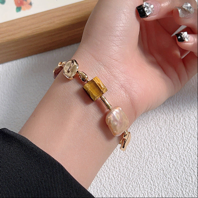 Lulou エーテル フレンチシック 天然バロックパール&タイガーアイ 不揃いカップルギフトブレスレット