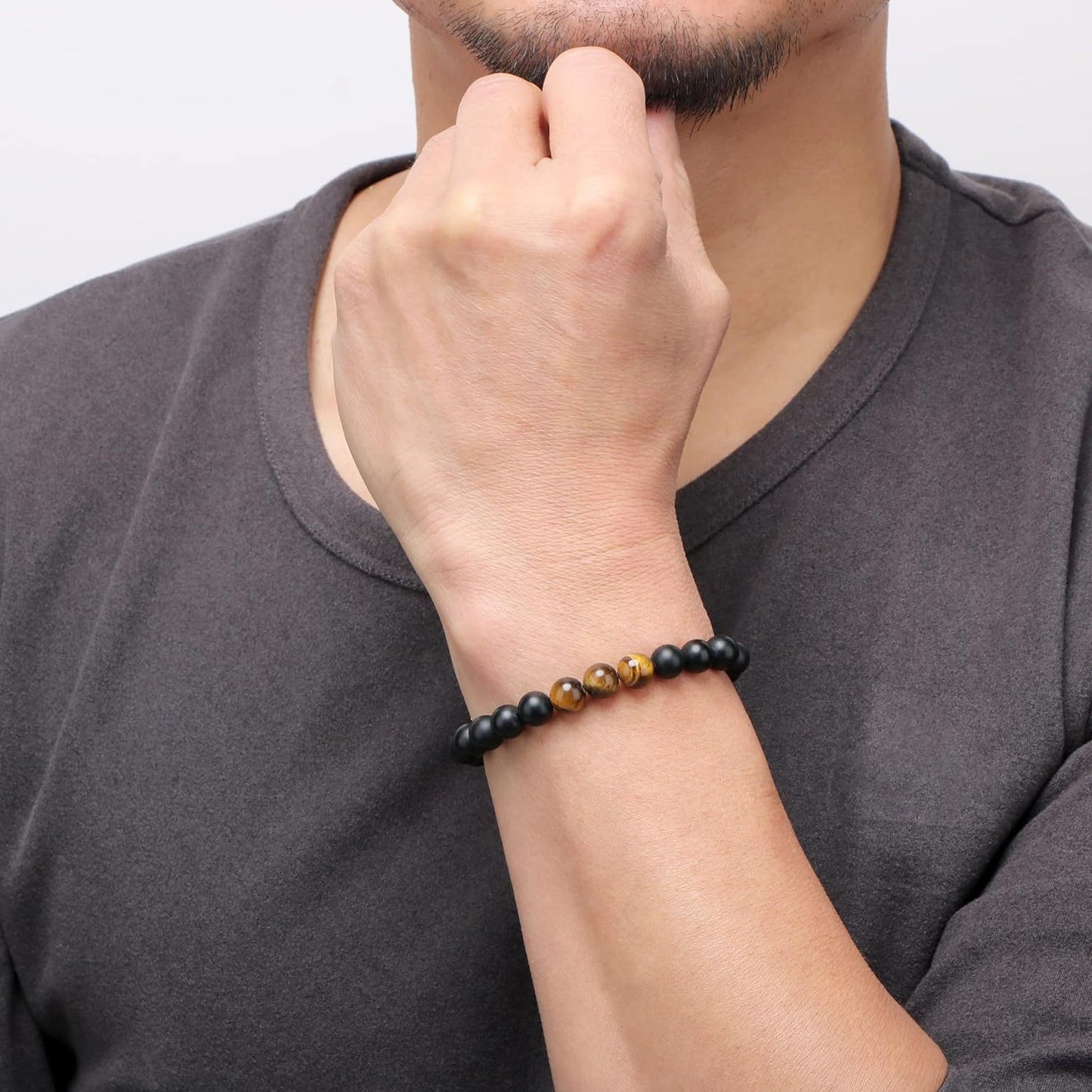 ルロウ セリーン ミニマル ナチュラル オブシディアン&タイガーアイ ストーン ビーズ カップル ギフト ブレスレット