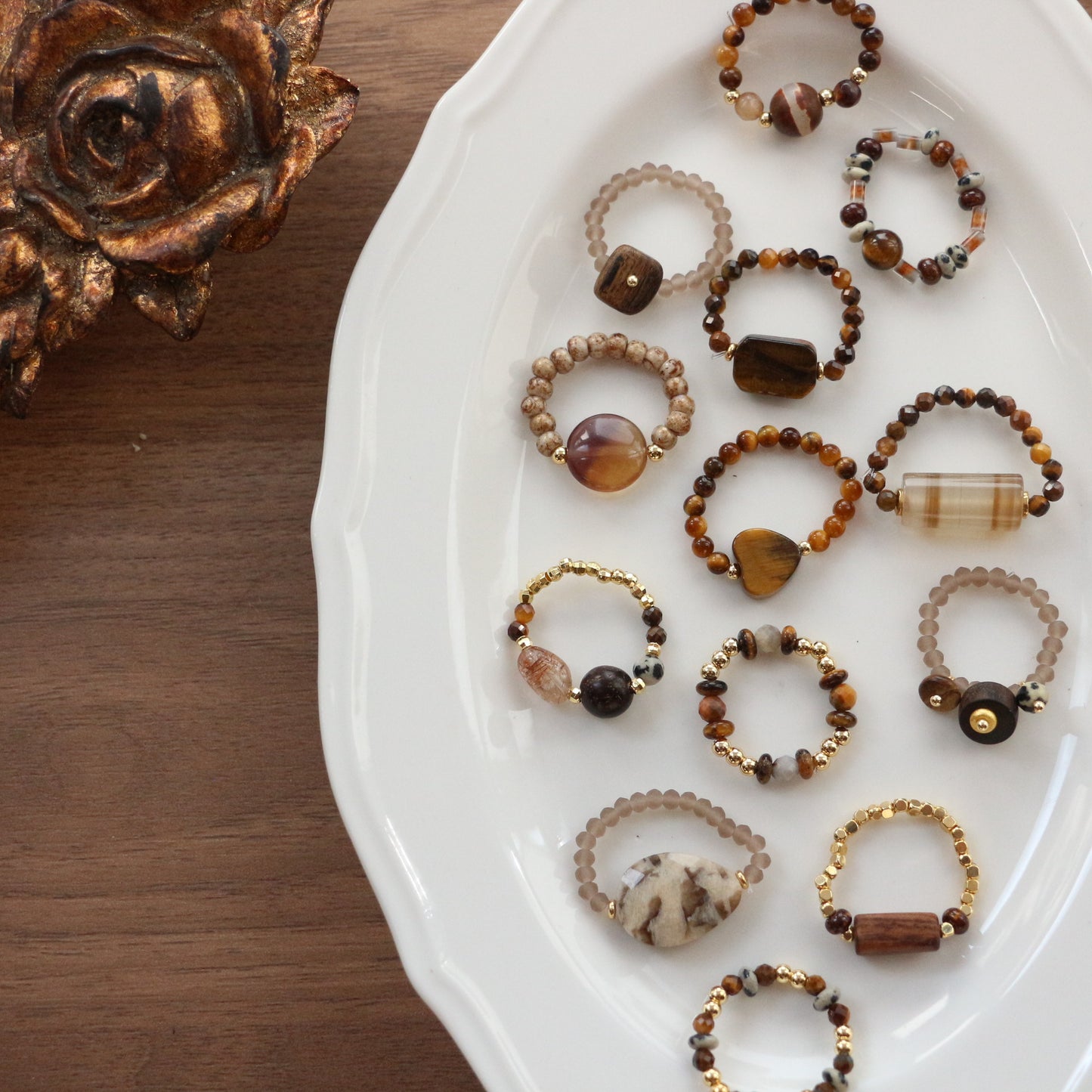 Lulou Organic Natural Stone & Tiger's Eye Beaded Couple Gift Ring