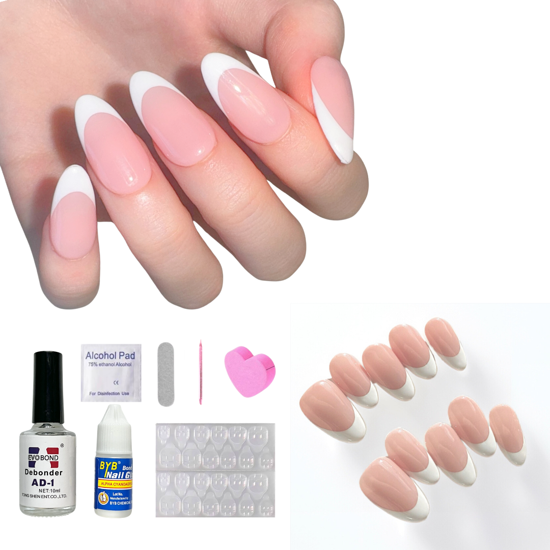 Pink Medium Almond-Lulou Classic White French Tip Press On Nails Glueless Easy Apply Reusable 10PCS - Salon Quality Glueless Fake Nails for Women Trend 2025