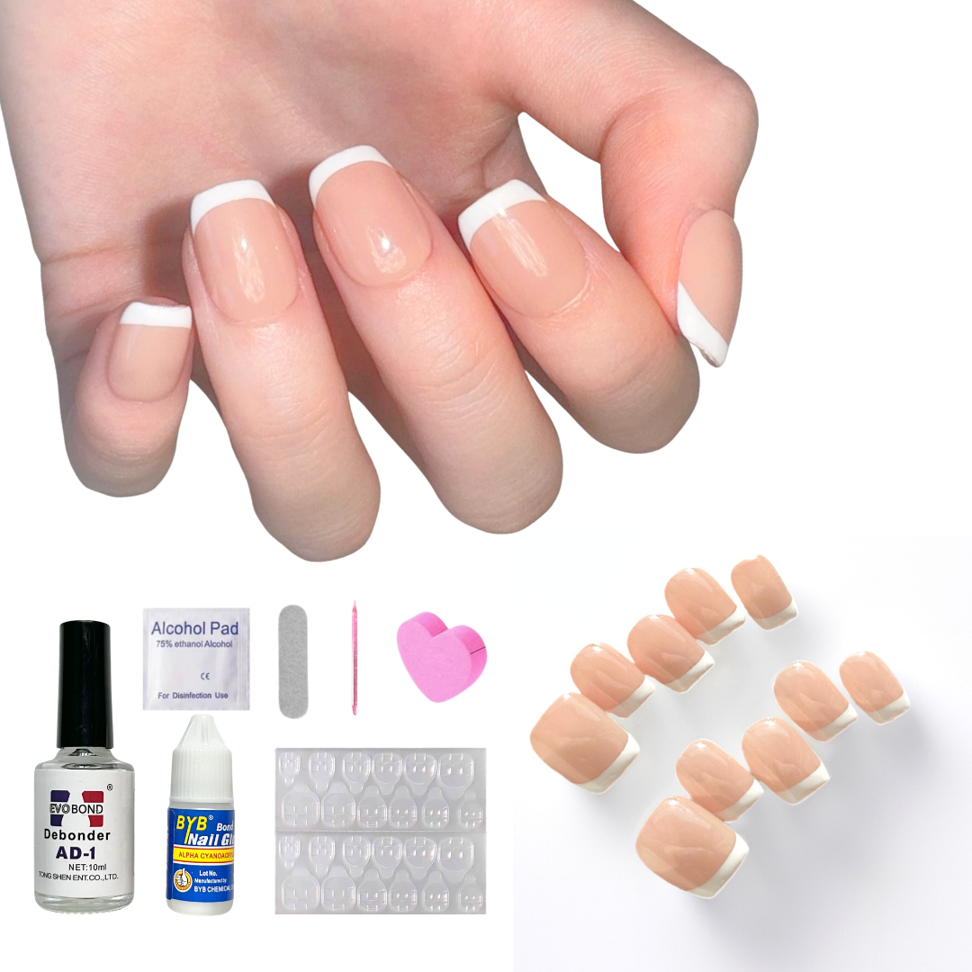 Nude Short Square-Lulou Classic White French Tip Press On Nails Glueless Easy Apply Reusable 10PCS - Salon Quality Glueless Fake Nails for Women Trend 2025
