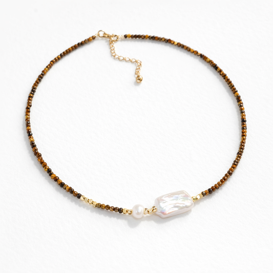 Lulou Minimalist Tiger Eye & Baroque Pearl Couple Gift Necklace