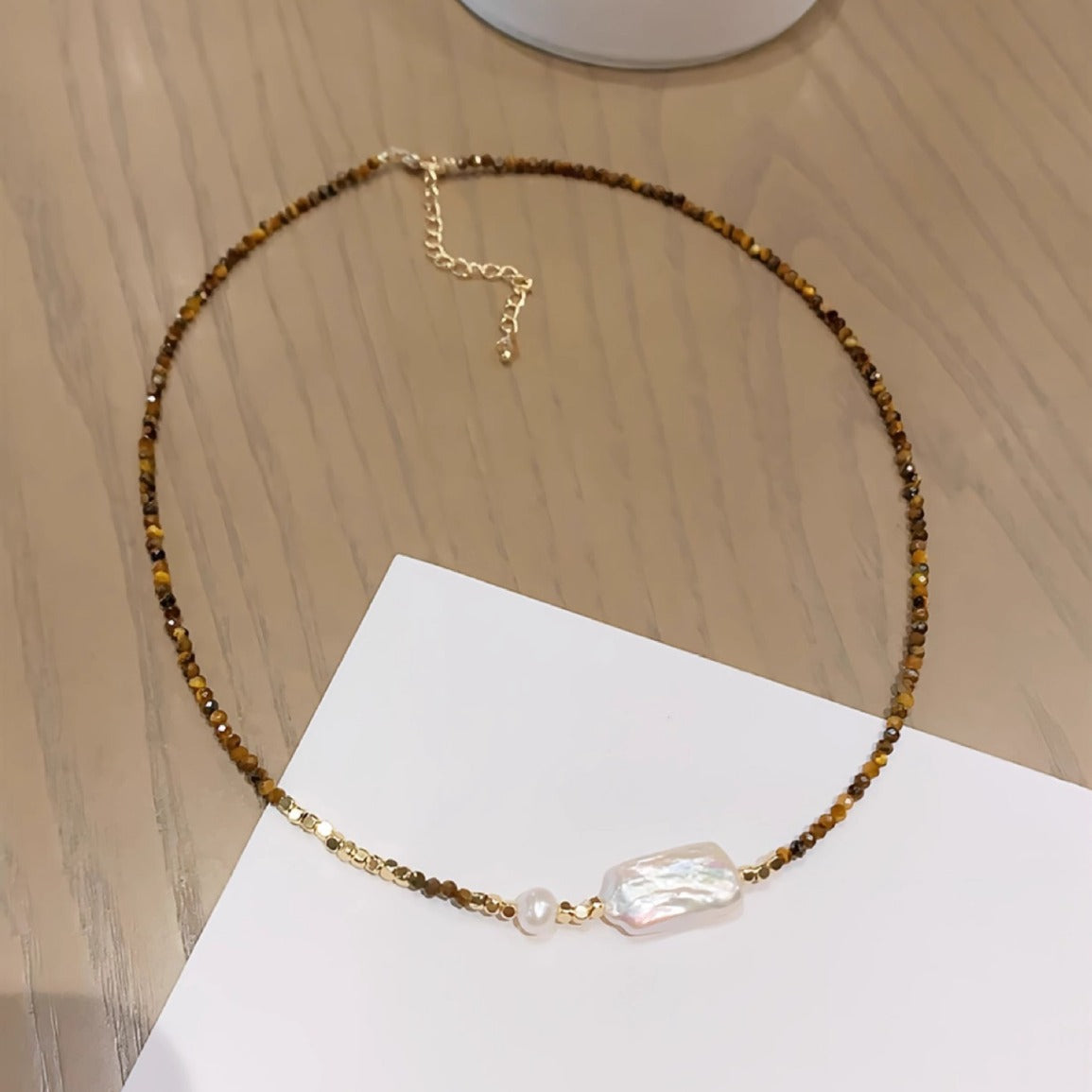 Lulou Minimalist Tiger Eye & Baroque Pearl Couple Gift Necklace