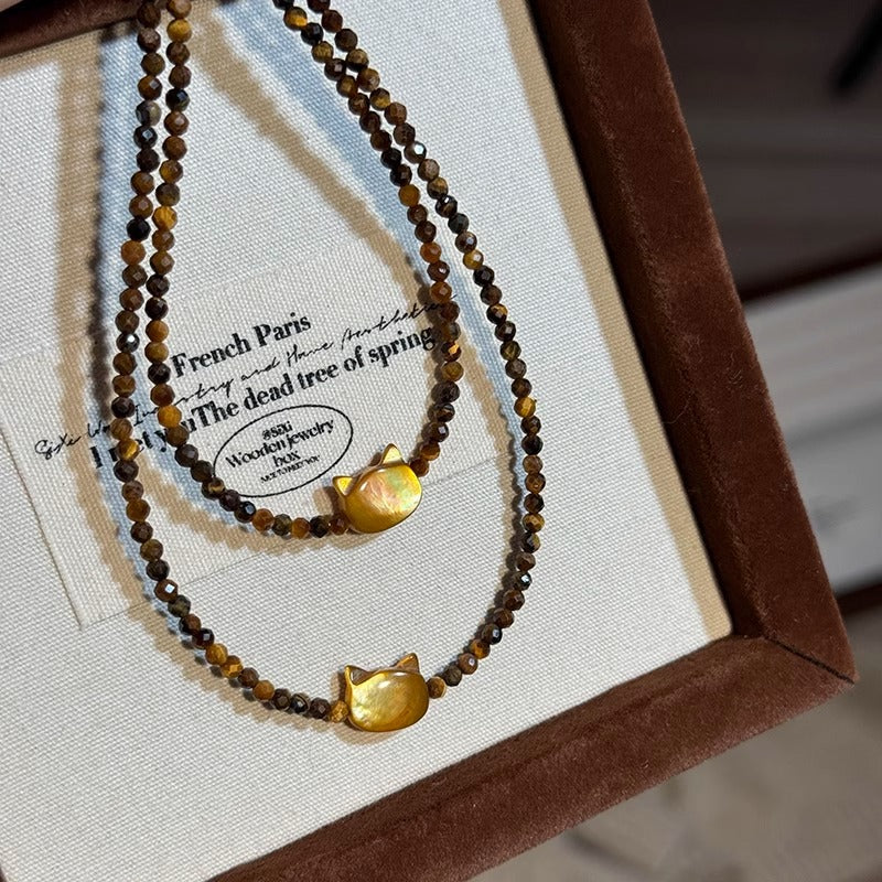 Lulou Tiger's Eye & Shell Cat Pendant Couple Gift Necklace