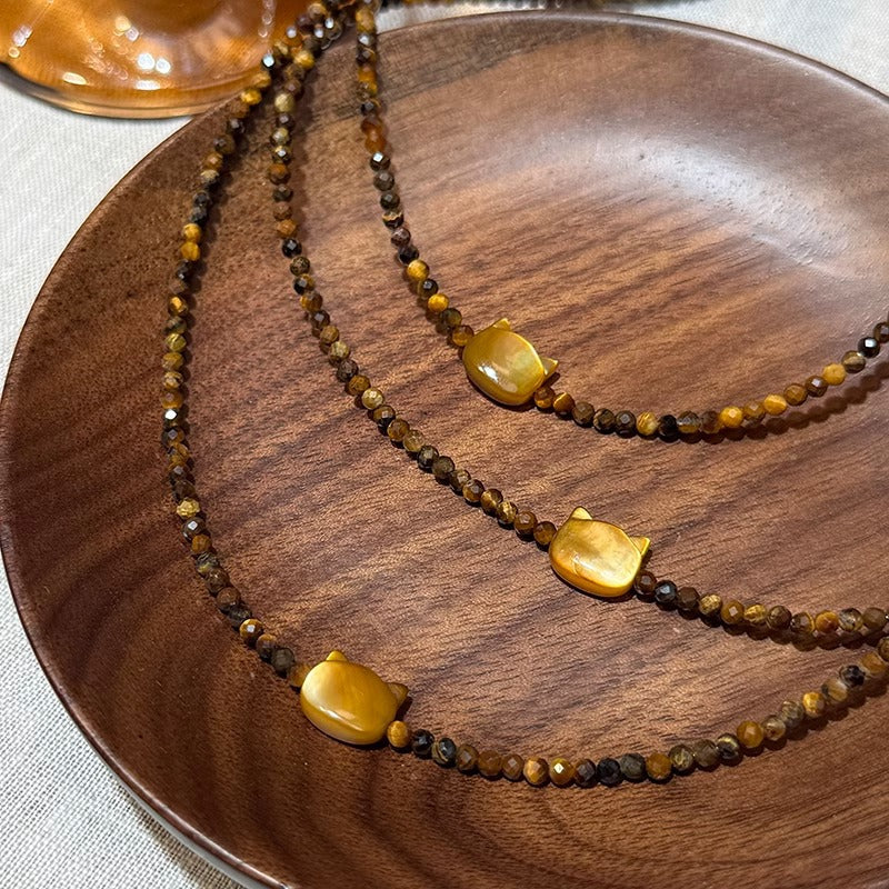 Lulou Tiger's Eye & Shell Cat Pendant Couple Gift Necklace