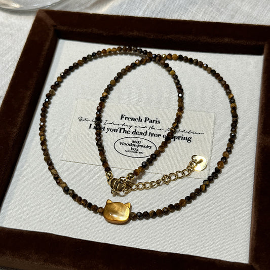 Lulou Tiger's Eye & Shell Cat Pendant Couple Gift Necklace