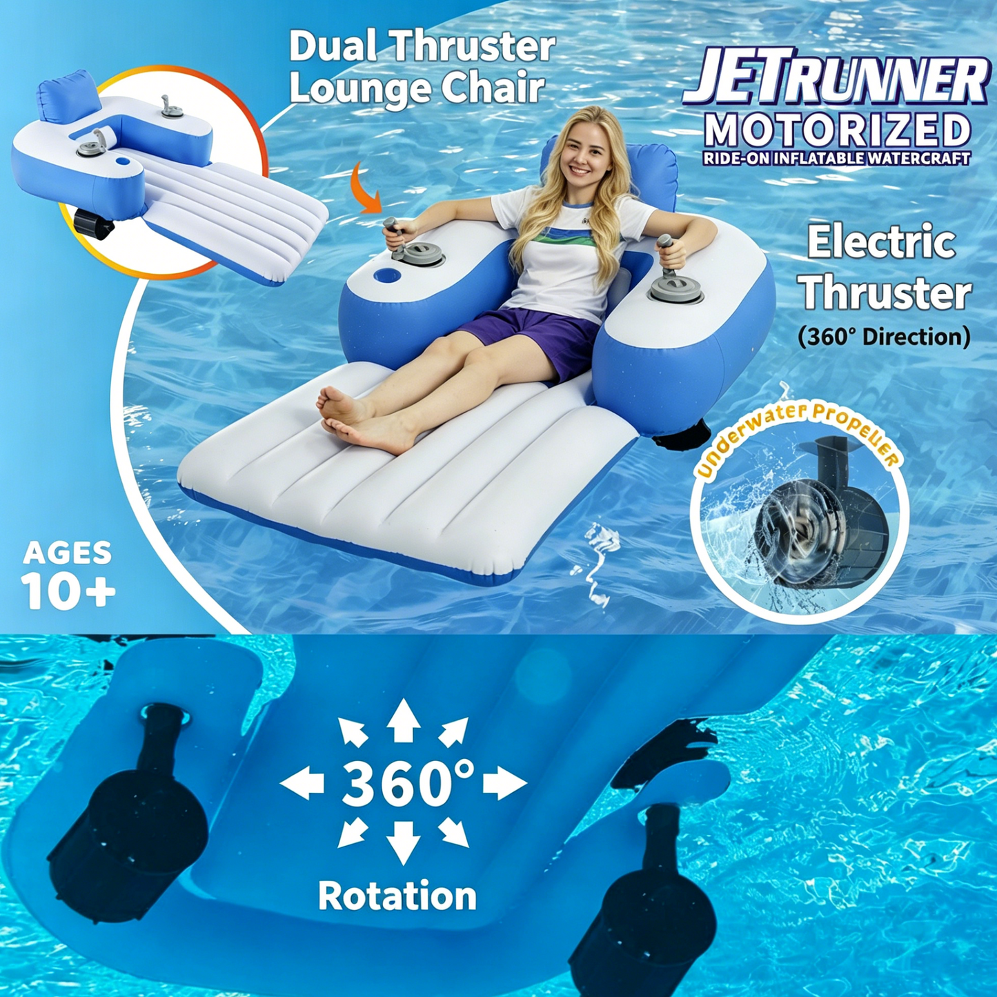 Lulou Electric Pool Float with Dual Motors & 360° Spin, Motorized Inflatable Lounger Raft for Adults Teens Kids, Rechargeable Battery,  Fun Pool Party Accessories for Swimming Pools