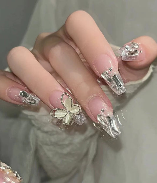 45-Butterfly Dream Reusable 24 pcs Press On Nails Long Butterfly Glitter diamond Silver Nude