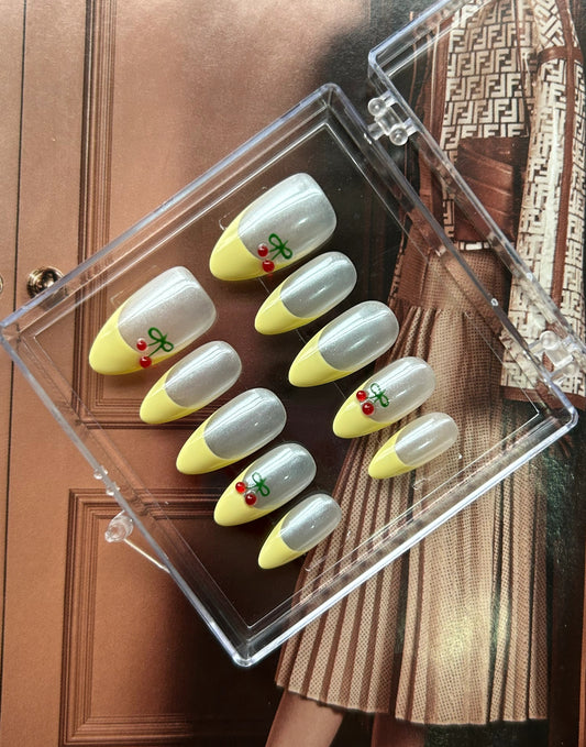 H36-Cherry Lemonade Almond Reusable Handmade Designer Press On Nails Lulou Life Nifty Sweetheart