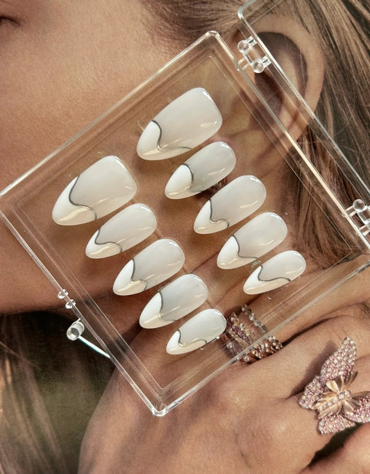 H52-Silver Cloud Almond Reusable Handmade Designer Press On Nails Lulou Life Intellectual Beauty