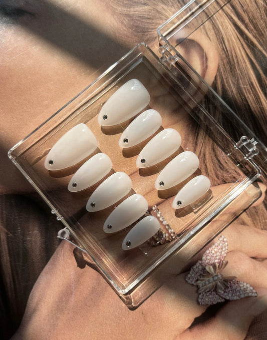 H54-Morning Crystal Almond Reusable Handmade Designer Press On Nails Lulou Life Minimalist Charm