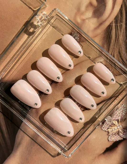 H55-Nude Crystal Almond Reusable Handmade Designer Press On Nails Lulou Life Pink Surprise