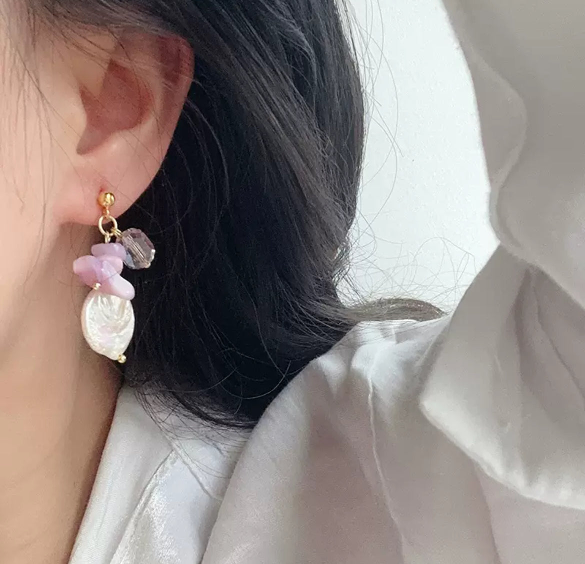 398-Baroque Pearl and Purple Rose Pearl Earrings