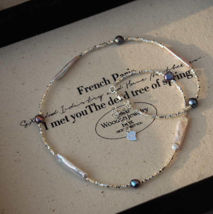 381-Irregular Beaded Freshwater Pearl Necklace Chic Minimalist Luxe Design Broken Silver Vacations Gift For Her