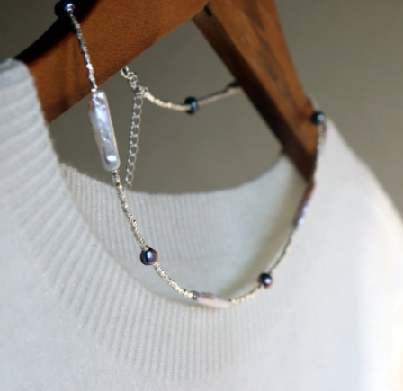 381-Irregular Beaded Freshwater Pearl Necklace Chic Minimalist Luxe Design Broken Silver Vacations Gift For Her