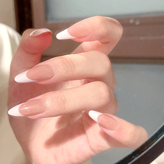 Nude Long Almond-Lulou Classic White French Tip Press On Nails Glueless Easy Apply Reusable 10PCS - Salon Quality Glueless Fake Nails for Women Trend 2025