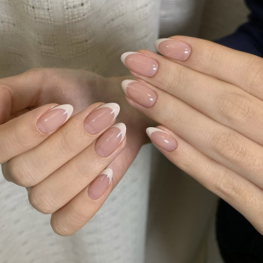 Nude Short Almond-Lulou Classic White French Tip Press On Nails Glueless Easy Apply Reusable 10PCS - Salon Quality Glueless Fake Nails for Women Trend 2025
