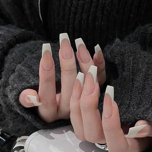 Nude Long Square-Lulou Classic White French Tip Press On Nails Glueless Easy Apply Reusable 10PCS - Salon Quality Glueless Fake Nails for Women Trend 2025
