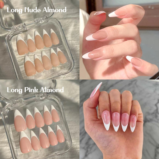 Nude&Pink Long Almond-Lulou Classic White French Tip Press On Nails Glueless Easy Apply Reusable 10PCS - Salon Quality Glueless Fake Nails for Women Trend 2025