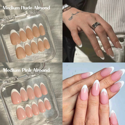 Nude&Pink Medium Almond-Lulou Classic White French Tip Press On Nails Glueless Easy Apply Reusable 10PCS - Salon Quality Glueless Fake Nails for Women Trend 2025