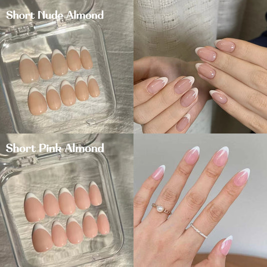 Nude&Pink Short Almond-Lulou Classic White French Tip Press On Nails Glueless Easy Apply Reusable 10PCS - Salon Quality Glueless Fake Nails for Women Trend 2025