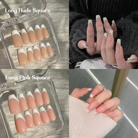 Nude&Pink Long Square-Lulou Classic White French Tip Press On Nails Glueless Easy Apply Reusable 10PCS - Salon Quality Glueless Fake Nails for Women Trend 2025