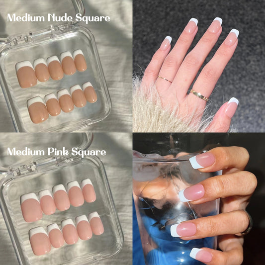 Nude&Pink Medium Square-Lulou Classic White French Tip Press On Nails Glueless Easy Apply Reusable 10PCS - Salon Quality Glueless Fake Nails for Women Trend 2025