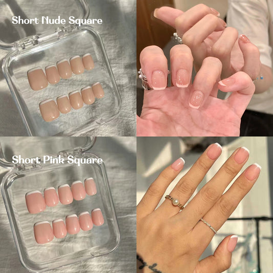 Nude&Pink Short Square-Lulou Classic White French Tip Press On Nails Glueless Easy Apply Reusable 10PCS - Salon Quality Glueless Fake Nails for Women Trend 2025