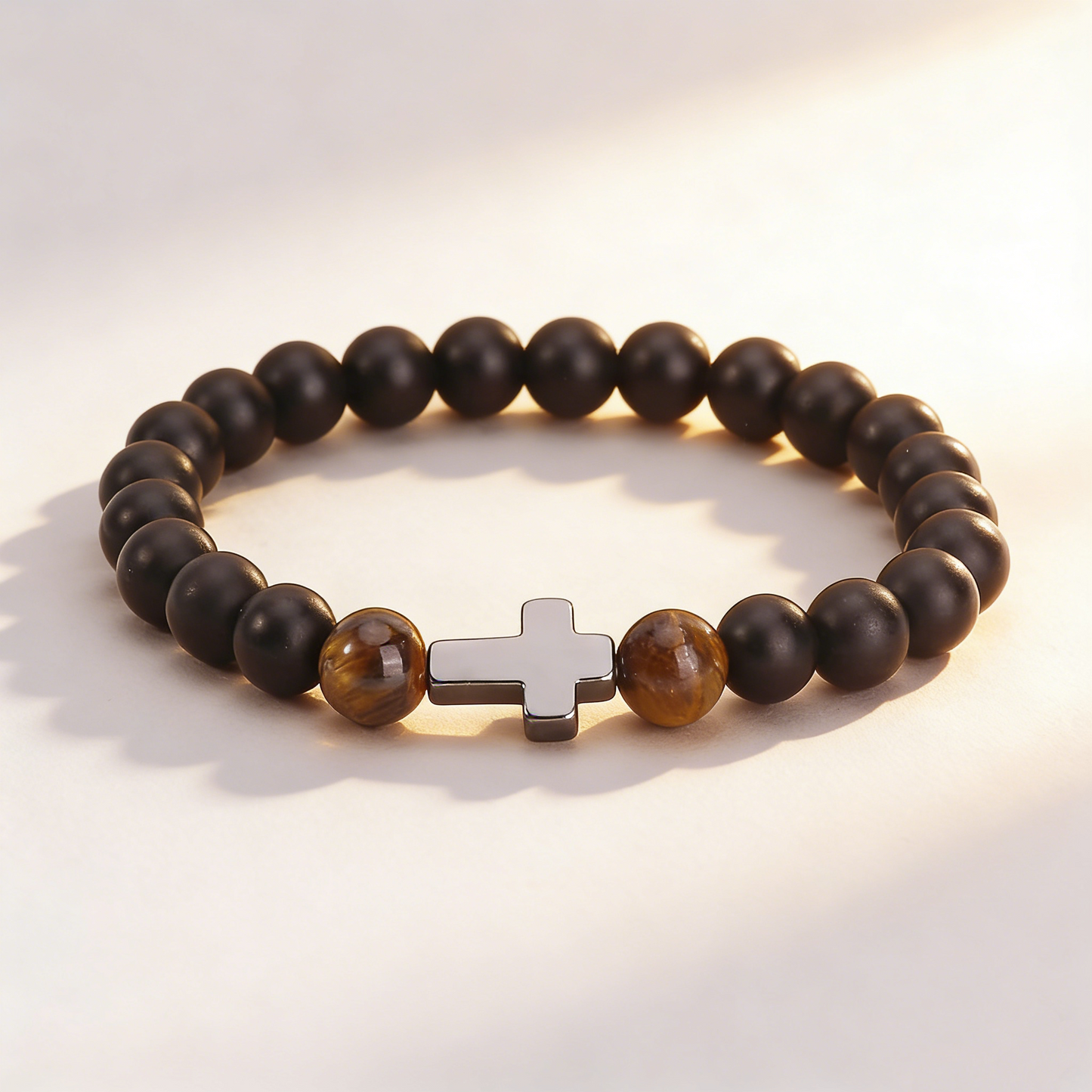 ルロウ タイムレス ミニマル ナチュラルマットブラック オブシディアン＆タイガーアイストーン クロスチャーム ユニセックスカップル ギフトブレスレット