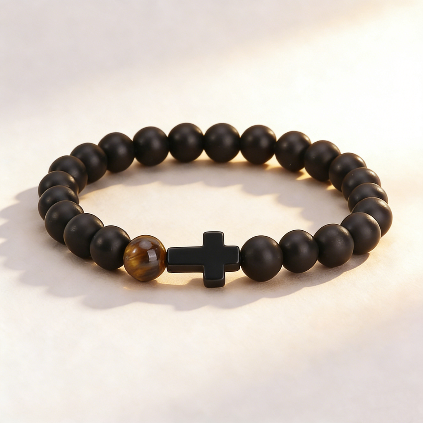 Lulou エレガント ミニマル ナチュラル マットブラック オブシディアン ＆ タイガーアイストーン ブラックメタル クロスチャーム カップルギフト ブレスレット