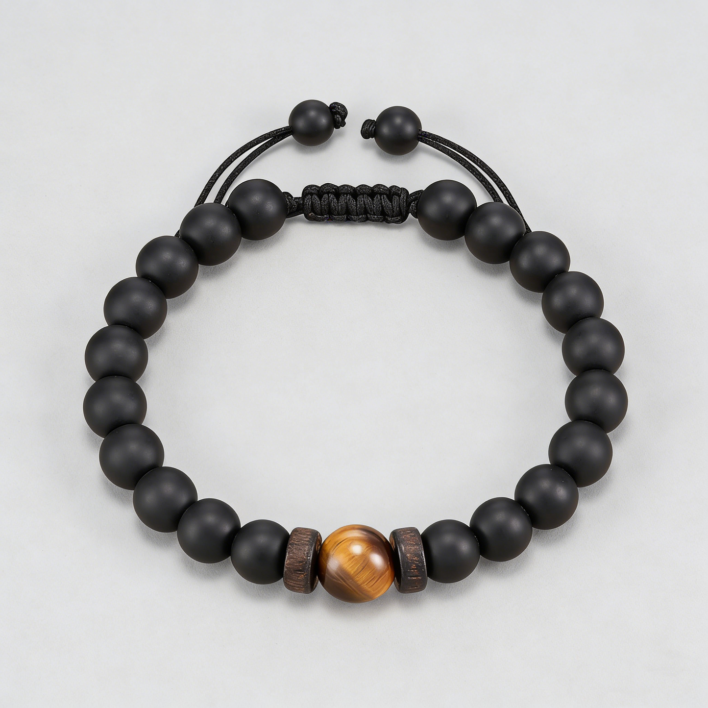 ルロウ タイムレス モダン ナチュラル オニキス ＆ タイガーアイストーン ウッドアクセントビーズ 調節可能 編み込み カップルギフト ブレスレット