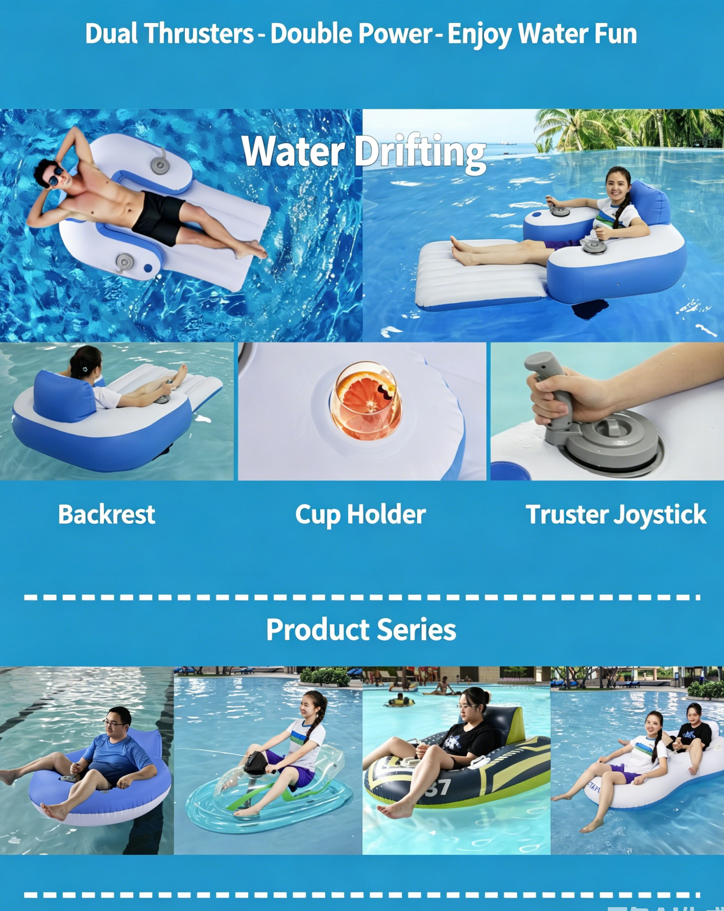 Lulou Electric Pool Float with Dual Motors & 360° Spin, Motorized Inflatable Lounger Raft for Adults Teens Kids, Rechargeable Battery,  Fun Pool Party Accessories for Swimming Pools