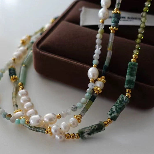 314-Design of Pearl Beaded and Natural Stone Choker Necklace