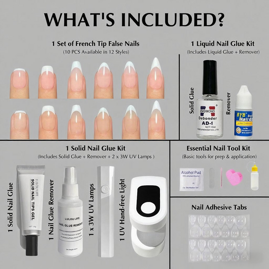 Lulou 7-in-1 French Tip Nail Starter Kit with 3W UV Lamp - Choose from 6 Nude & Pink Styles Includes Solid Gel Glue & Remover Complete DIY Nail Art Tools for Beginners Perfect Girls Gift Set