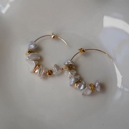 361-Natural Baroque Pearl Silver and Gold Fragment Hoop Earrings