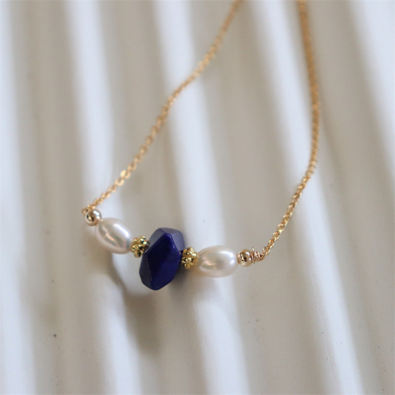 373-Natural Freshwater Pearl Necklace Lapis Lazuli Vintage-Inspired Choker