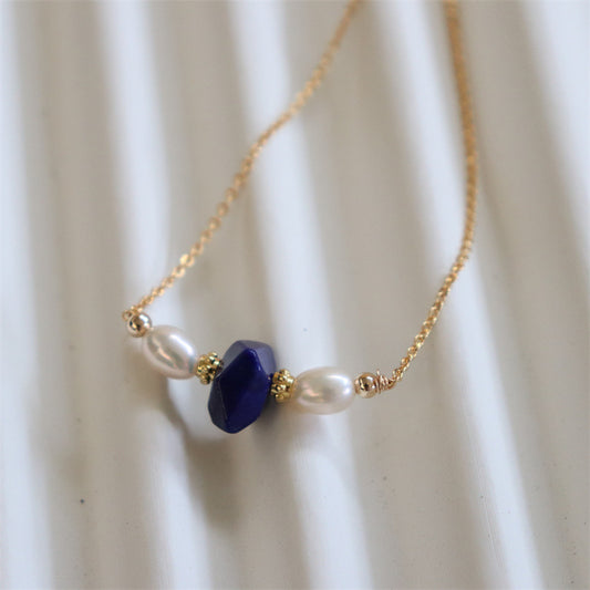 373-Natural Freshwater Pearl Necklace Lapis Lazuli Vintage-Inspired Choker