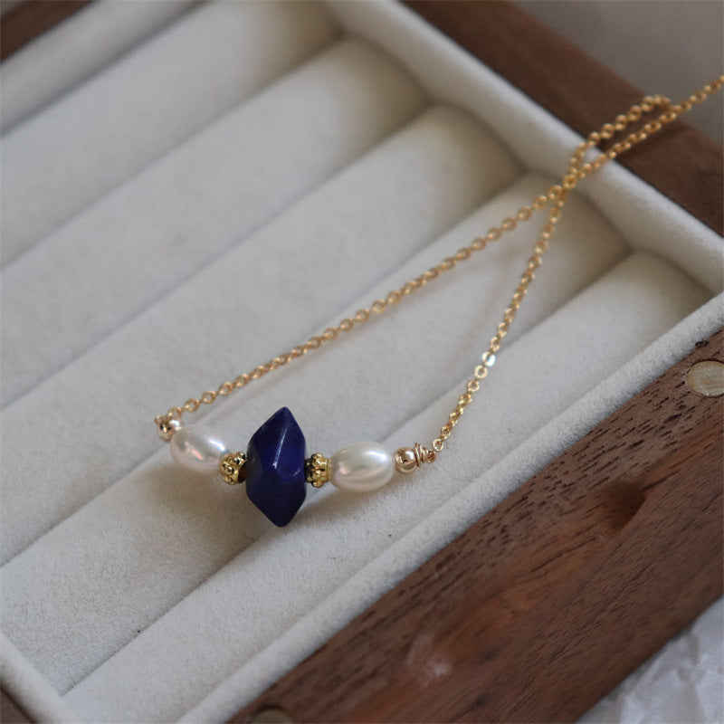 373-Natural Freshwater Pearl Necklace Lapis Lazuli Vintage-Inspired Choker