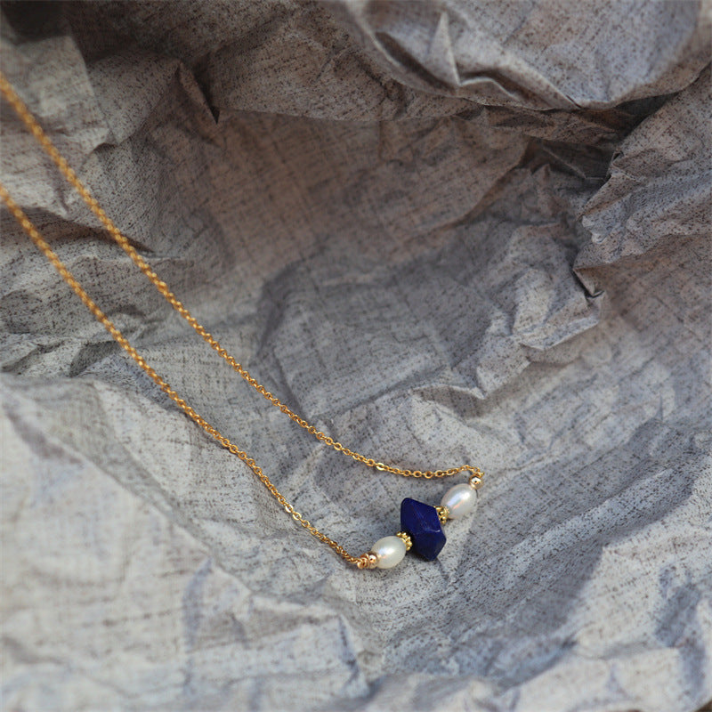 373-Natural Freshwater Pearl Necklace Lapis Lazuli Vintage-Inspired Choker