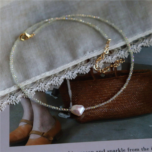 375-2mm Slim Imported Sparkling Diamond-Cut Crystal & Freshwater Pearl Necklace