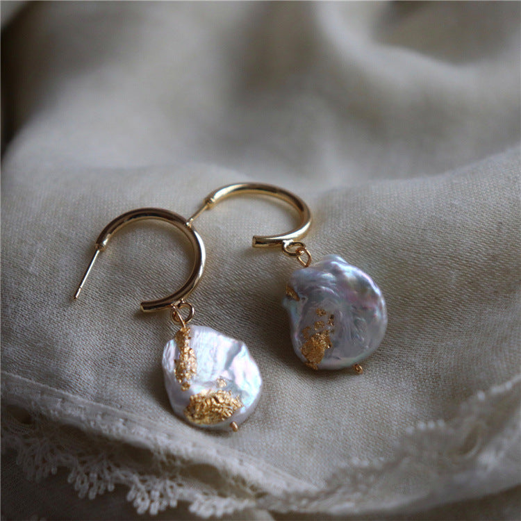 376-Freshwater Pearl Earrings Vintage Baroque European-Inspired Button with Colorful Gold Leaf Accent