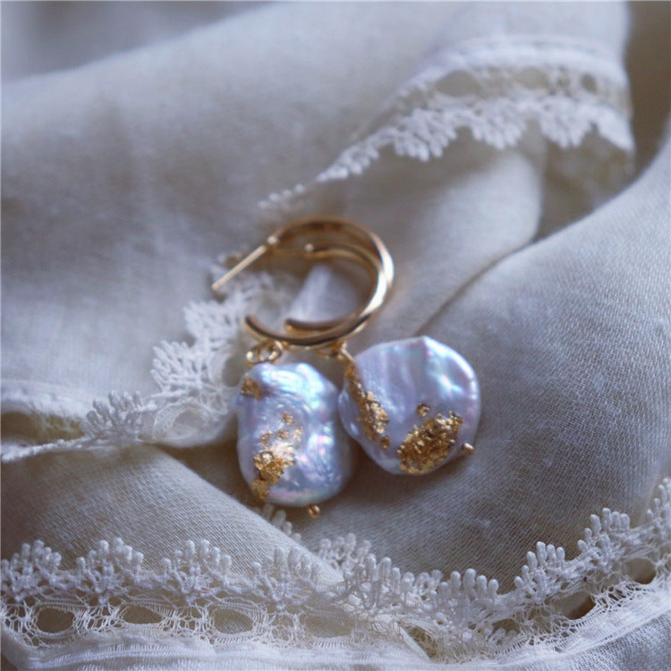 376-Freshwater Pearl Earrings Vintage Baroque European-Inspired Button with Colorful Gold Leaf Accent