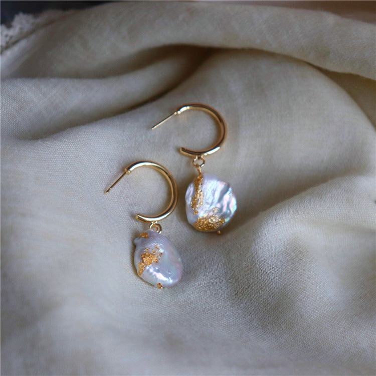 376-Freshwater Pearl Earrings Vintage Baroque European-Inspired Button with Colorful Gold Leaf Accent