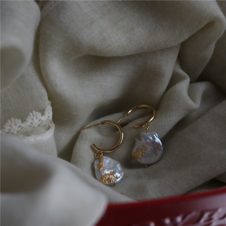376-Freshwater Pearl Earrings Vintage Baroque European-Inspired Button with Colorful Gold Leaf Accent