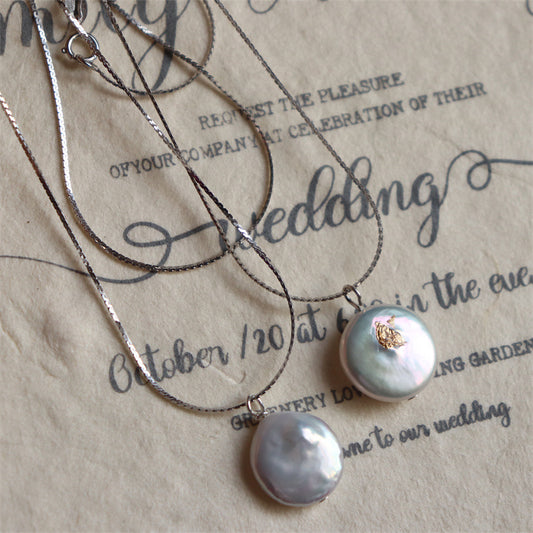 377-925 Sterling Silver Pearl Necklace with High-Shine Foil Button Minimalist Vintage