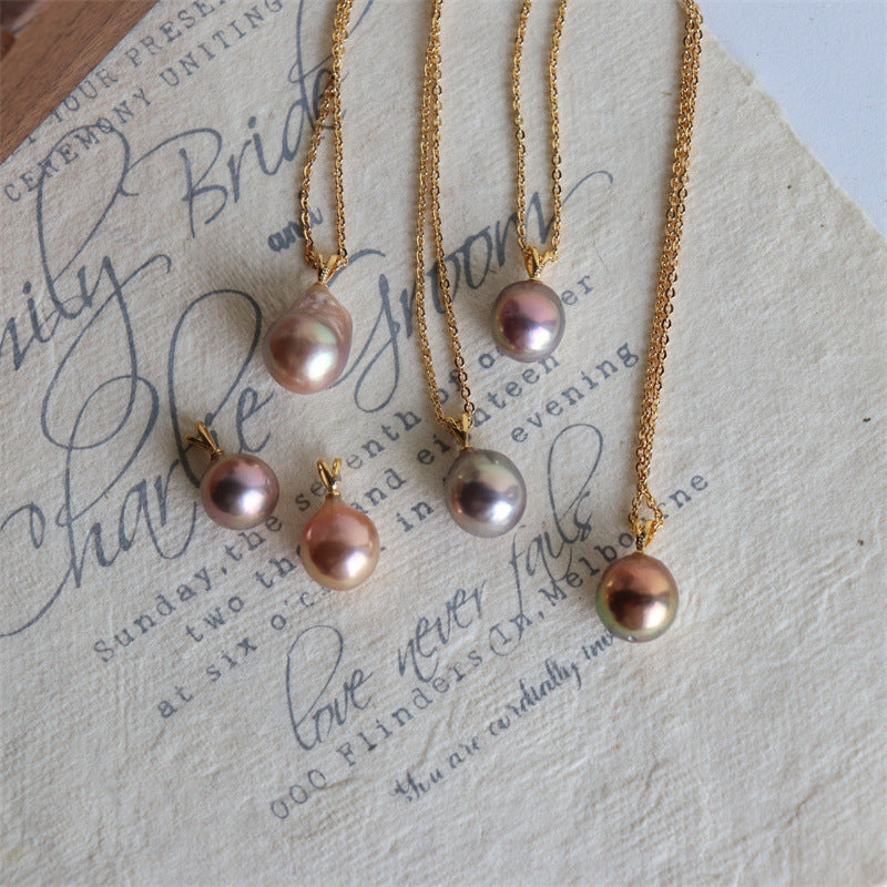 379-High-Quality Edison Purple Freshwater Pearl Necklace Teardrop Pendant Necklace with 925 Silver Clasp