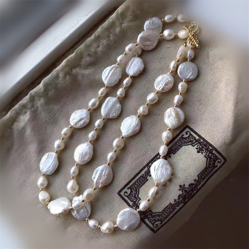 380-Natural Freshwater Baroque Pearl Necklace with 14K White Gold Color-Preserving OT Clasp